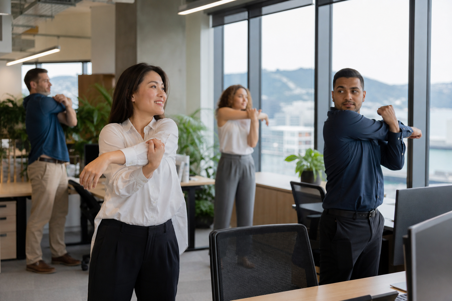 Cartilageiaplane office wellness break with employees stretching